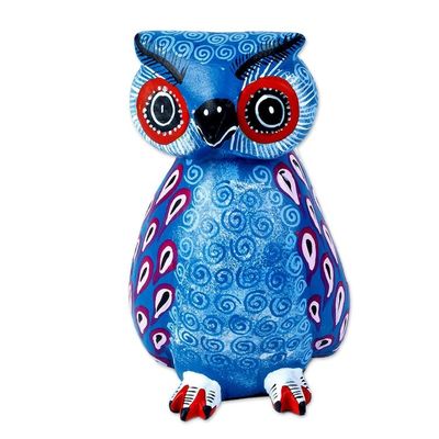 Alternate image for Hand Carved Owl Alebrije with Blue Wings from Oaxaca Blue Winged Owl