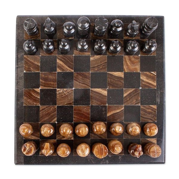 Alternate image for Onyx and Marble Mini Chess Set Handcrafted in Mexico Coffee and Mocha