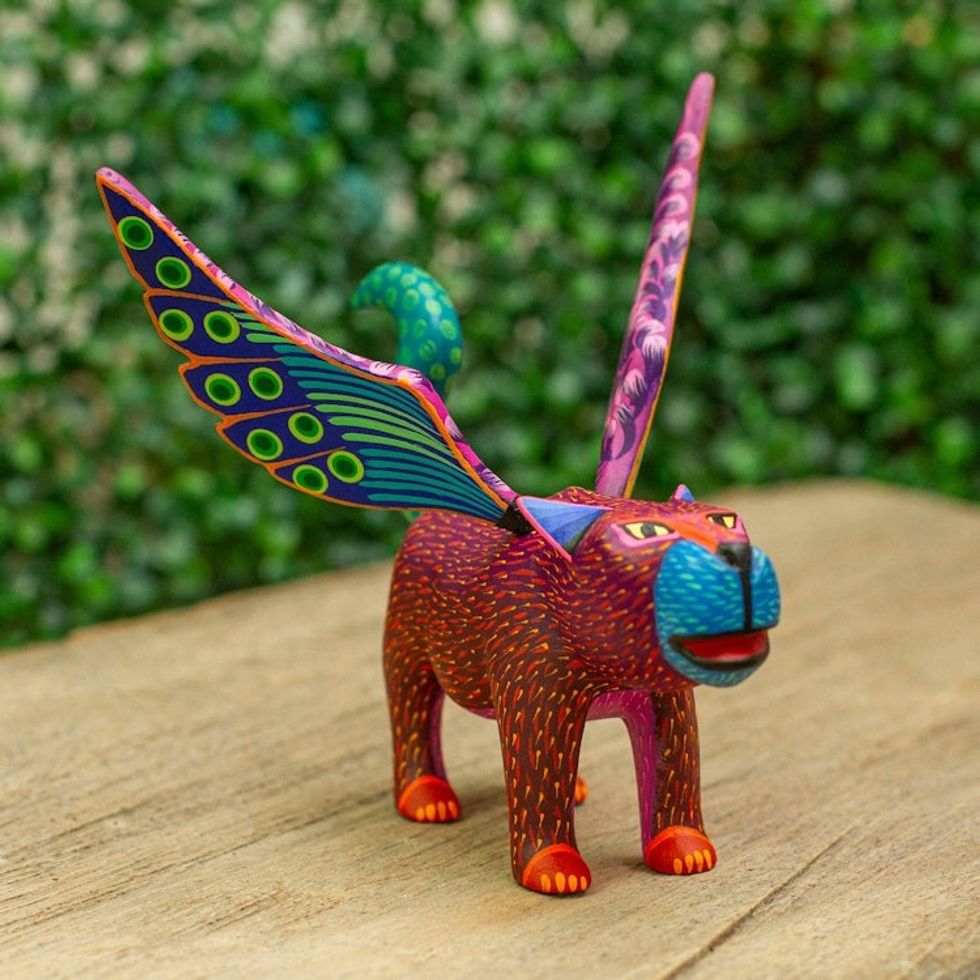 Hand-Painted Folk Art Alebrije Sculpture 'Winged Jaguar'
