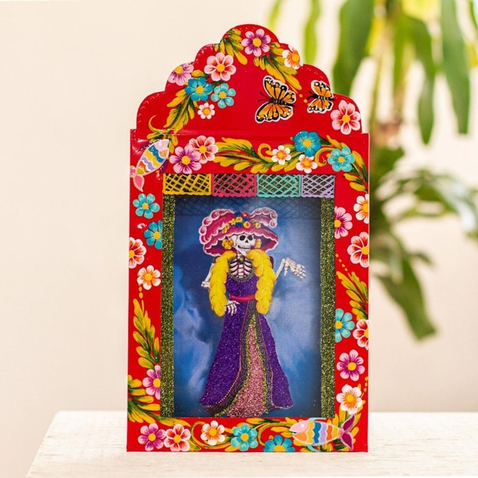 Hand Painted Metal Catrina Wall Art 'Resplendent Catrina'