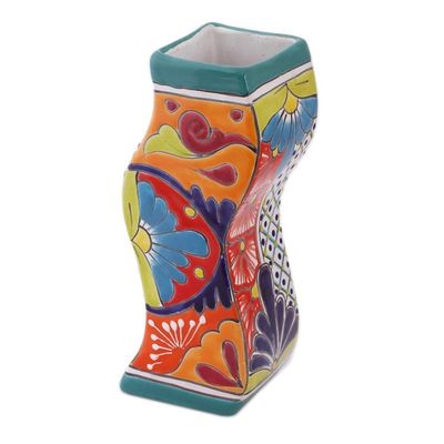 Alternate image for Wavy Talavera-Style Ceramic Floral Vase from Mexico Wavy Talavera