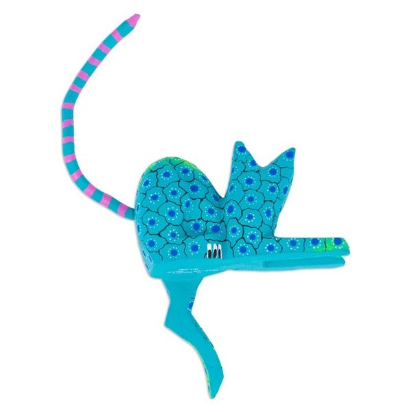 Alternate image for Aqua Cat Hand-Painted Wood Alebrije Shelf Sitter Figurine Aqua Cute Cat