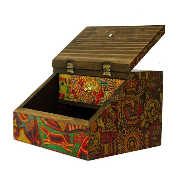 Alternate image for Huichol Cosmogony on 6-Inch Decoupage Wood Jewelry Box Huichol Essence