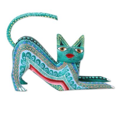 Alternate image for Wood Alebrije Figurine Cat in Green from Mexico Cat Stretch