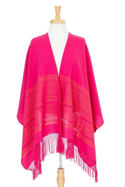 Alternate image for Unique Hot Pink Cotton Patterned Shawl Handwoven in Mexico Hot Pink  Zapotec Treasures