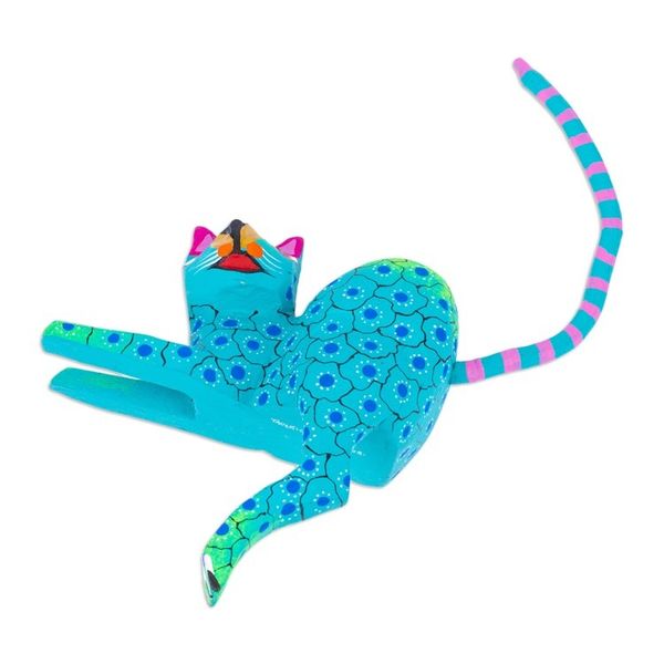 Alternate image for Aqua Cat Hand-Painted Wood Alebrije Shelf Sitter Figurine Aqua Cute Cat