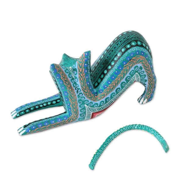 Alternate image for Wood Alebrije Figurine Cat in Green from Mexico Cat Stretch