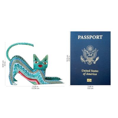 Alternate image for Wood Alebrije Figurine Cat in Green from Mexico Cat Stretch