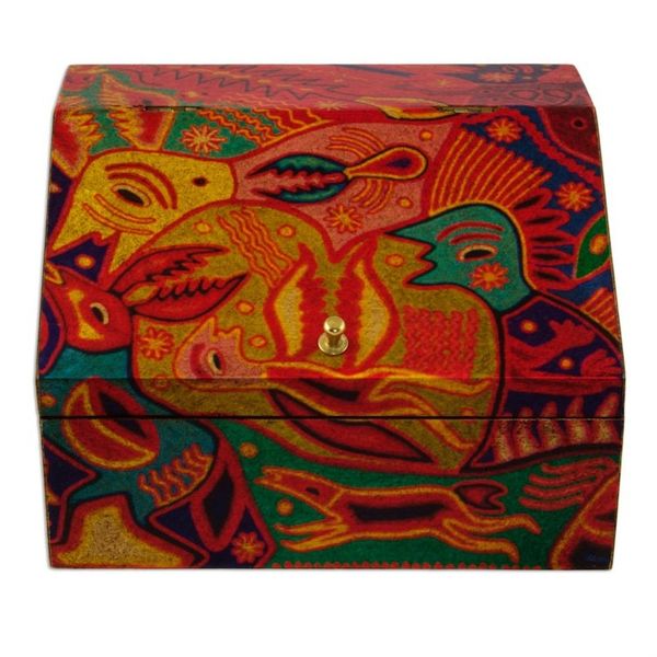 Alternate image for Huichol Cosmogony on 6-Inch Decoupage Wood Jewelry Box Huichol Essence