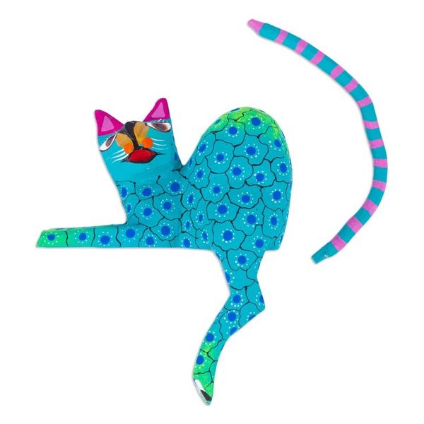 Alternate image for Aqua Cat Hand-Painted Wood Alebrije Shelf Sitter Figurine Aqua Cute Cat