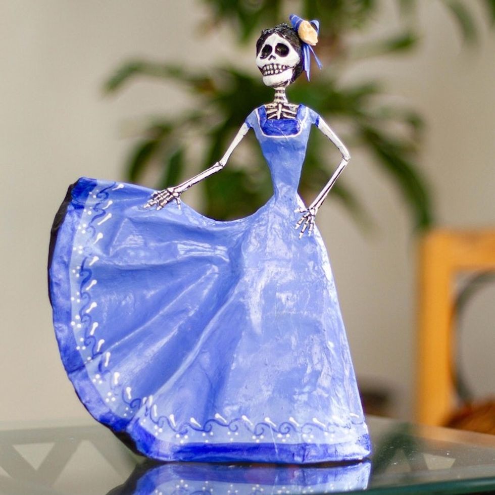 Dancing Catrina Handmade Papier Mache Statuette 'Dancing Catrina in Blue'