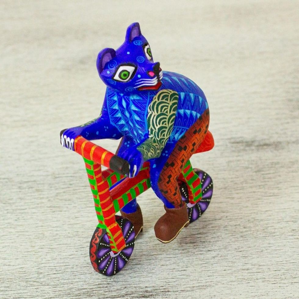 Hand Painted Alebrije Cat Figurine 'Bicycle Cat'