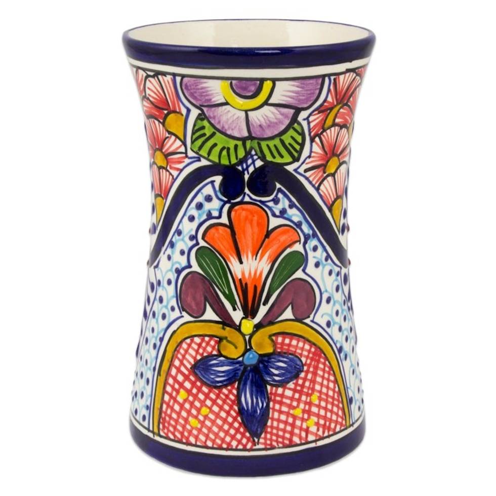 Talavera-Inspired 8-Inch Ceramic Vase from Mexico 'Radiant Flowers'