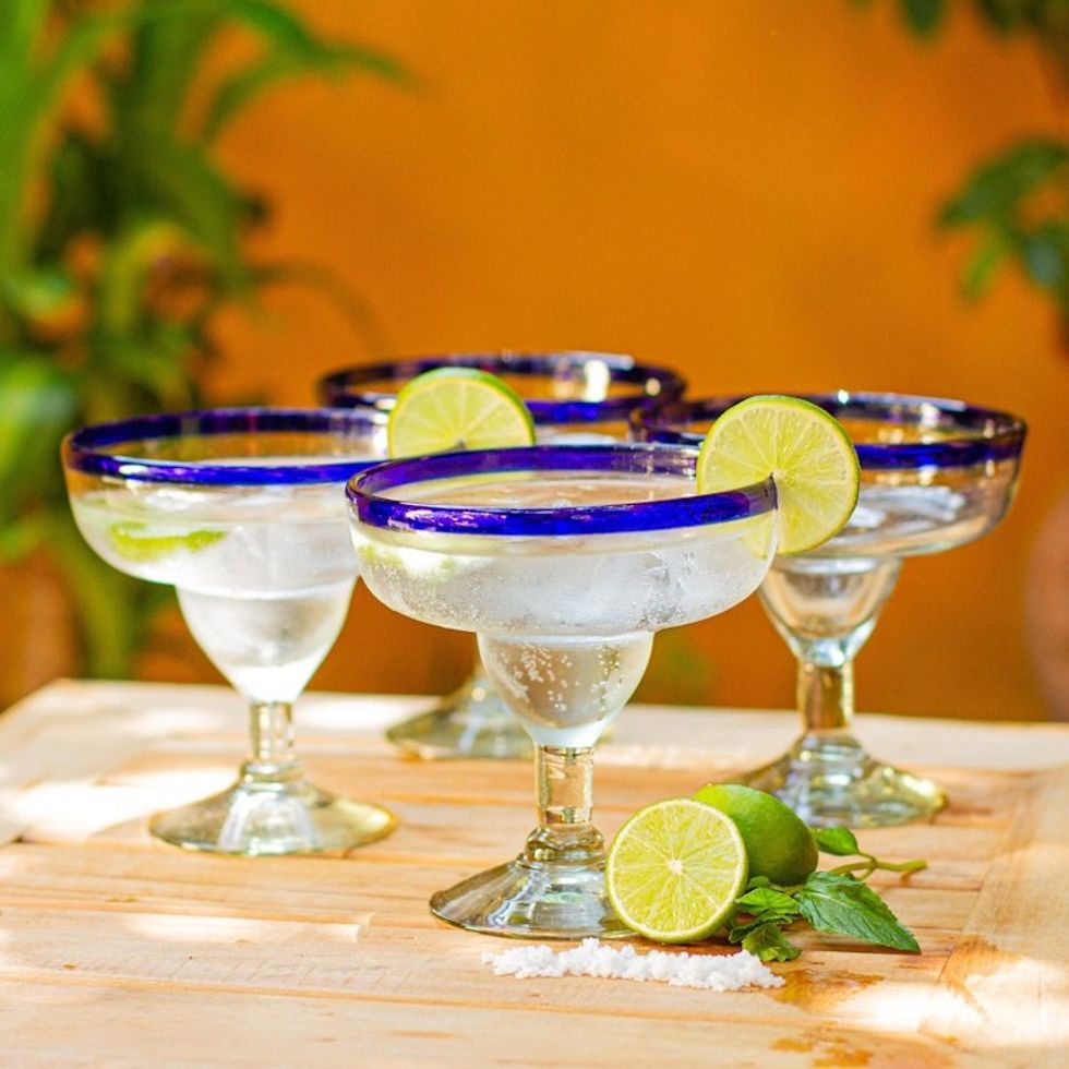 Margaritas Handblown Glass Blue Cocktail Drinkware Set of 4 'Happy Hour'