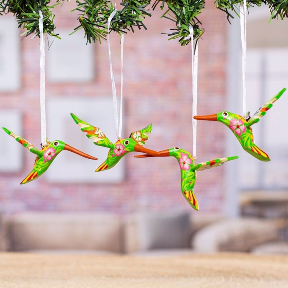 Set of 4 Handcrafted Copal Wood Bird Ornaments in Kiwi 'Kiwi Flutter'