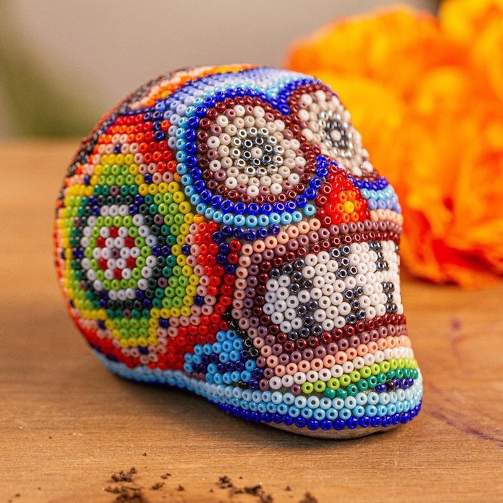 Handmade Beaded Skull Figurine 'Huichol Grin'