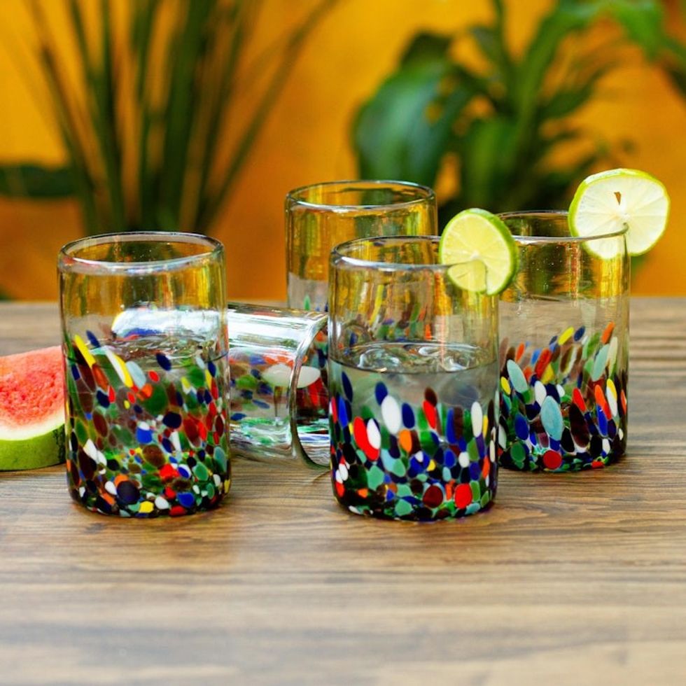 Multicolored Spotted Glass Tumblers from Mexico Set of 6 'Tonala Garden'