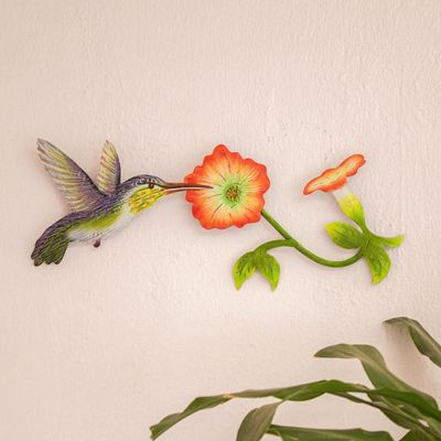 Alternate image for Hummingbird and Flowers Steel Wall Art Crafted by Hand Exotic Nectar in Orange