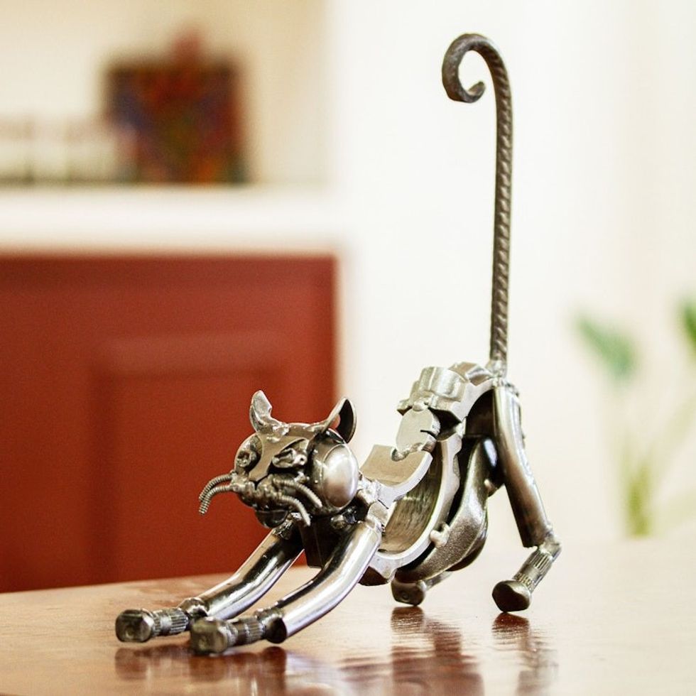Handcrafted Recycled Metal Cat Sculpture from Mexico 'Kitty Cat'