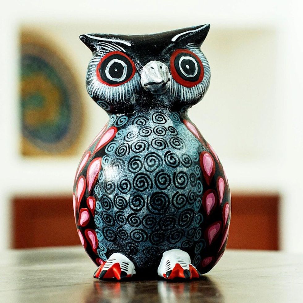 Hand Carved Owl Alebrije with Rosy Wings from Oaxaca 'Rose Winged Owl'