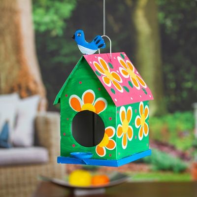 Alternate image for Hand-Painted Floral Tin Birdhouse and Feeder with Blue Bird Merry Feathers