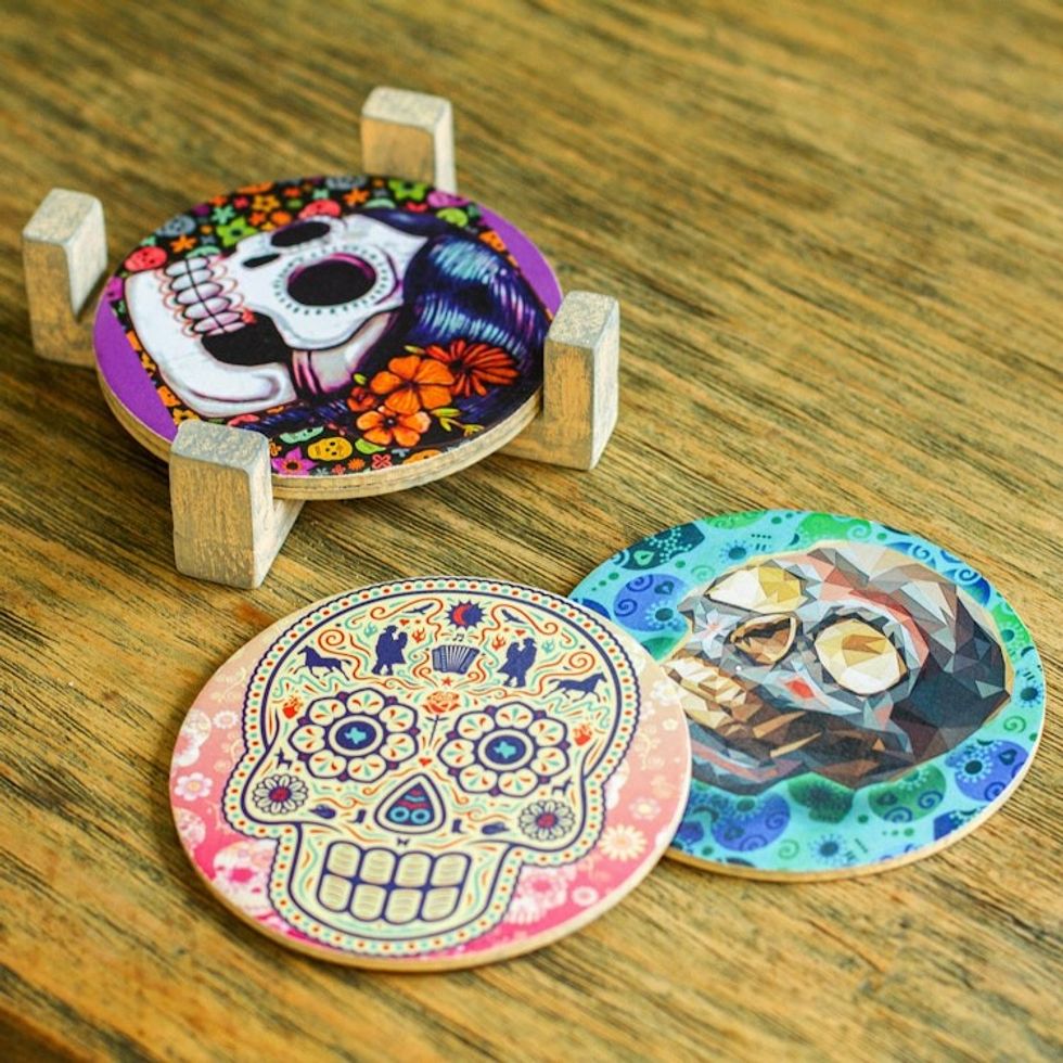 Day of the Dead Decoupage Coasters and Stand Set of 4 'Festival of the Dead'