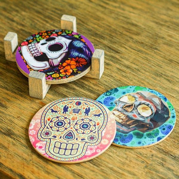 Alternate image for Day of the Dead Decoupage Coasters and Stand Set of 4 Festival of the Dead