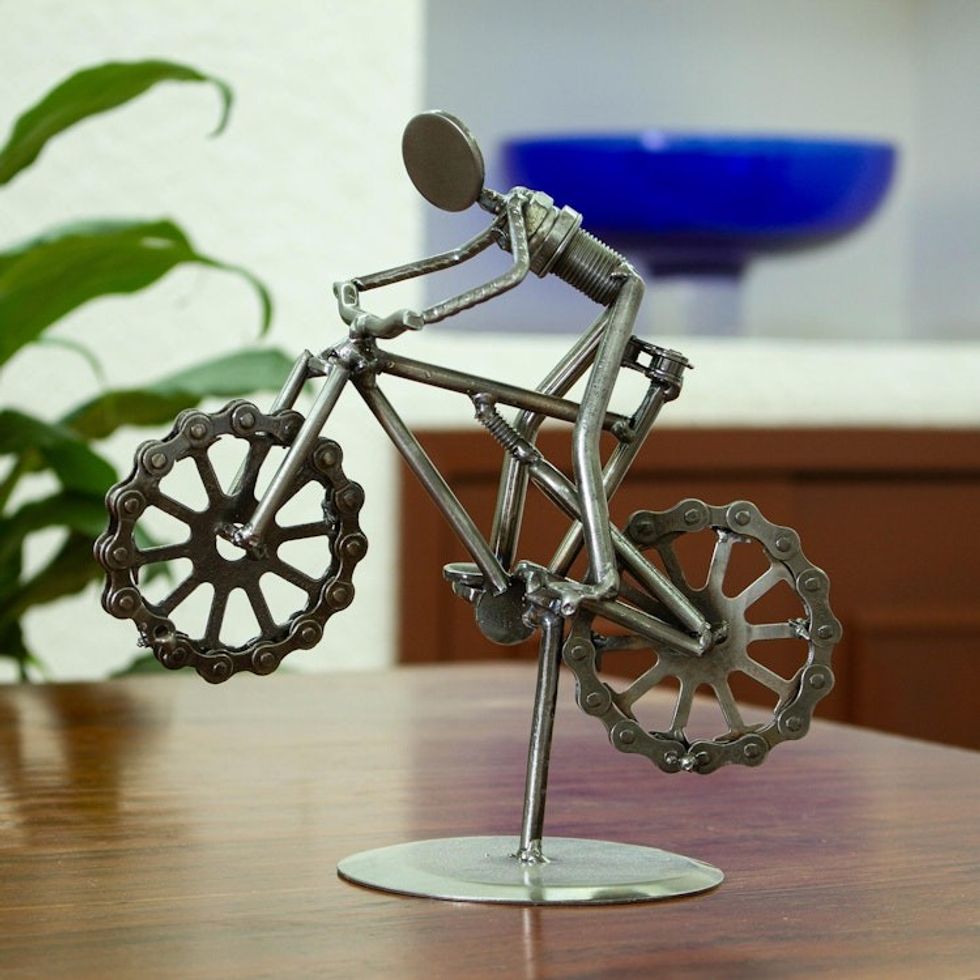 Bicycle-Themed Recycled Metal Auto Part Sculpture 'Boy on a Bike'