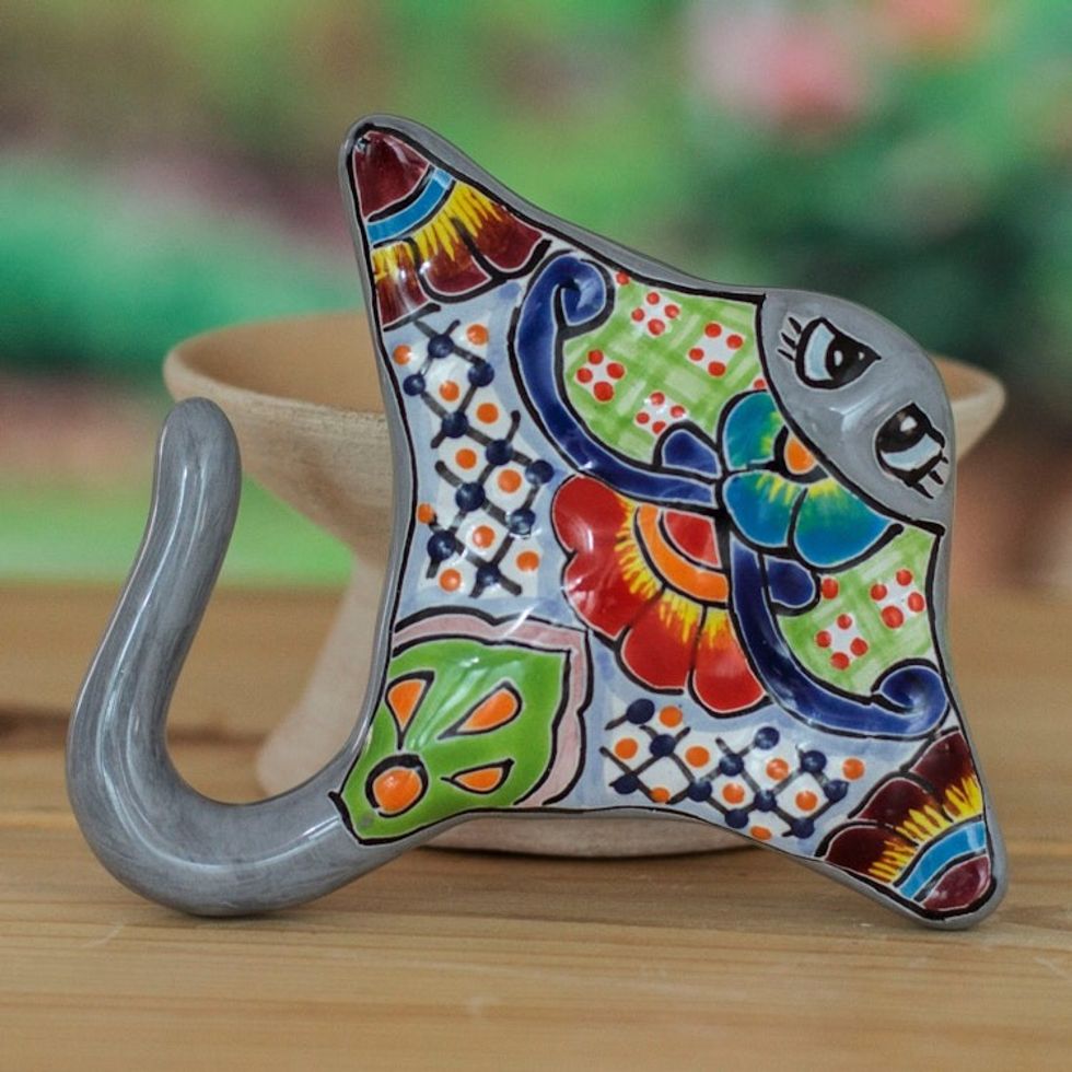 Handcrafted Floral Hacienda-Themed Ray Ceramic Sculpture 'Oceanic Hacienda'