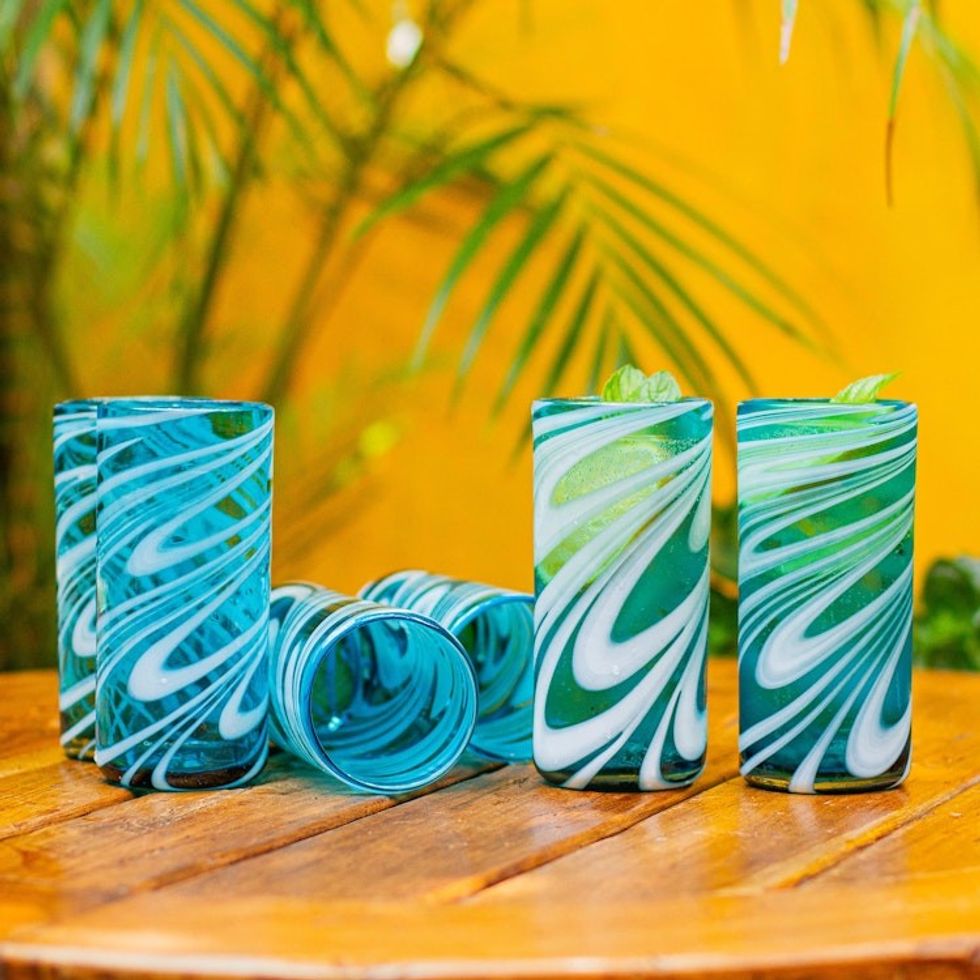 6 Hand Blown 13 oz Aqua-White Highball Glasses from Mexico 'Whirling Aquamarine'