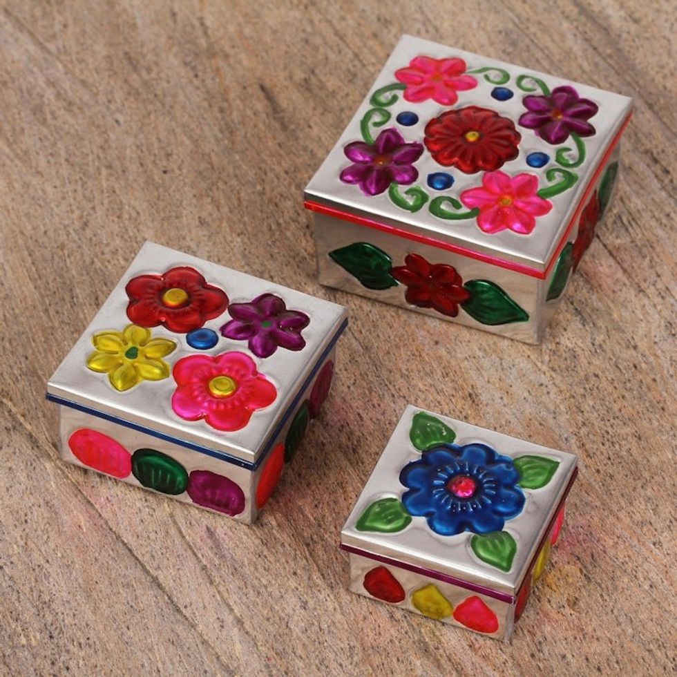 Three Tin Nesting Boxes with Floral Designs from Mexico 'Floral Companions'