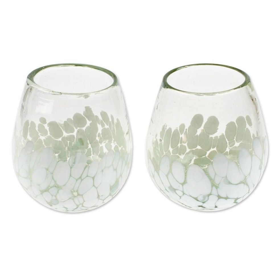 Pair of Stemless Wine Glasses Handblown from Recycled Glass 'White Strokes'