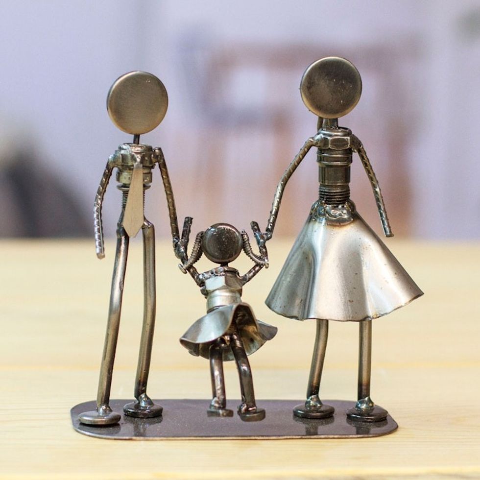 Handcrafted Recycled Auto Part Statuette of Family of Three 'Family of Three'