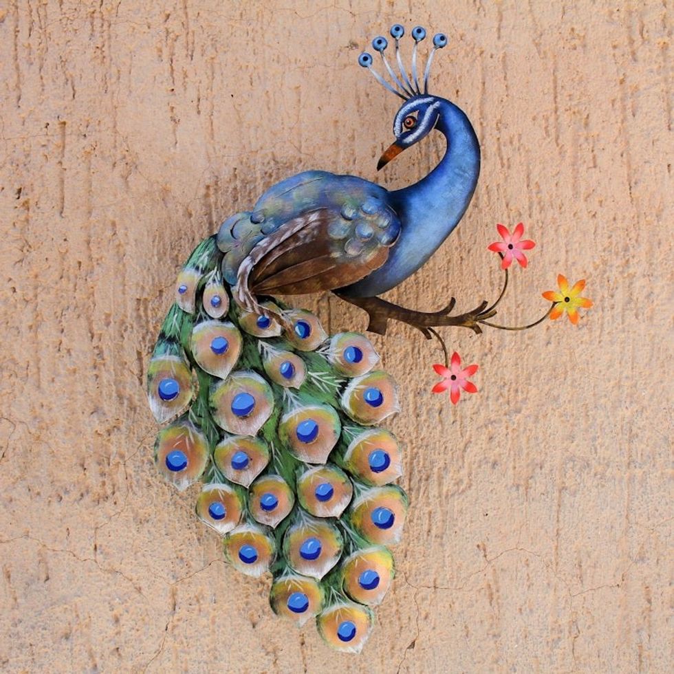 Floral Steel Peacock Wall Sculpture from Mexico 'Peacock and Flowers'