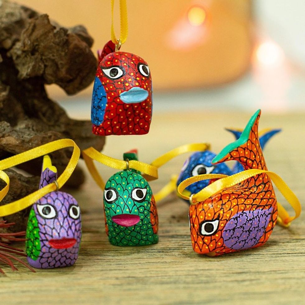 Painted Wood Alebrije Whale Ornaments Set of 5 from Mexico 'Sweet Whales'