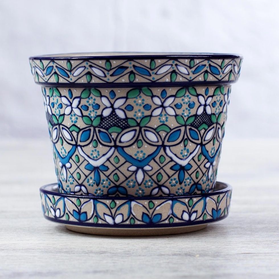 Artisan Crafted Plant Pot and Saucer in Blue and Green 'Guanajuato Azul'