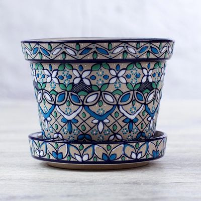 Alternate image for Artisan Crafted Plant Pot and Saucer in Blue and Green Guanajuato Azul