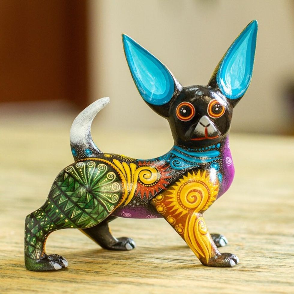 Signed Multicolored Wood Chihuahua Alebrije 'Black Chihuahua'