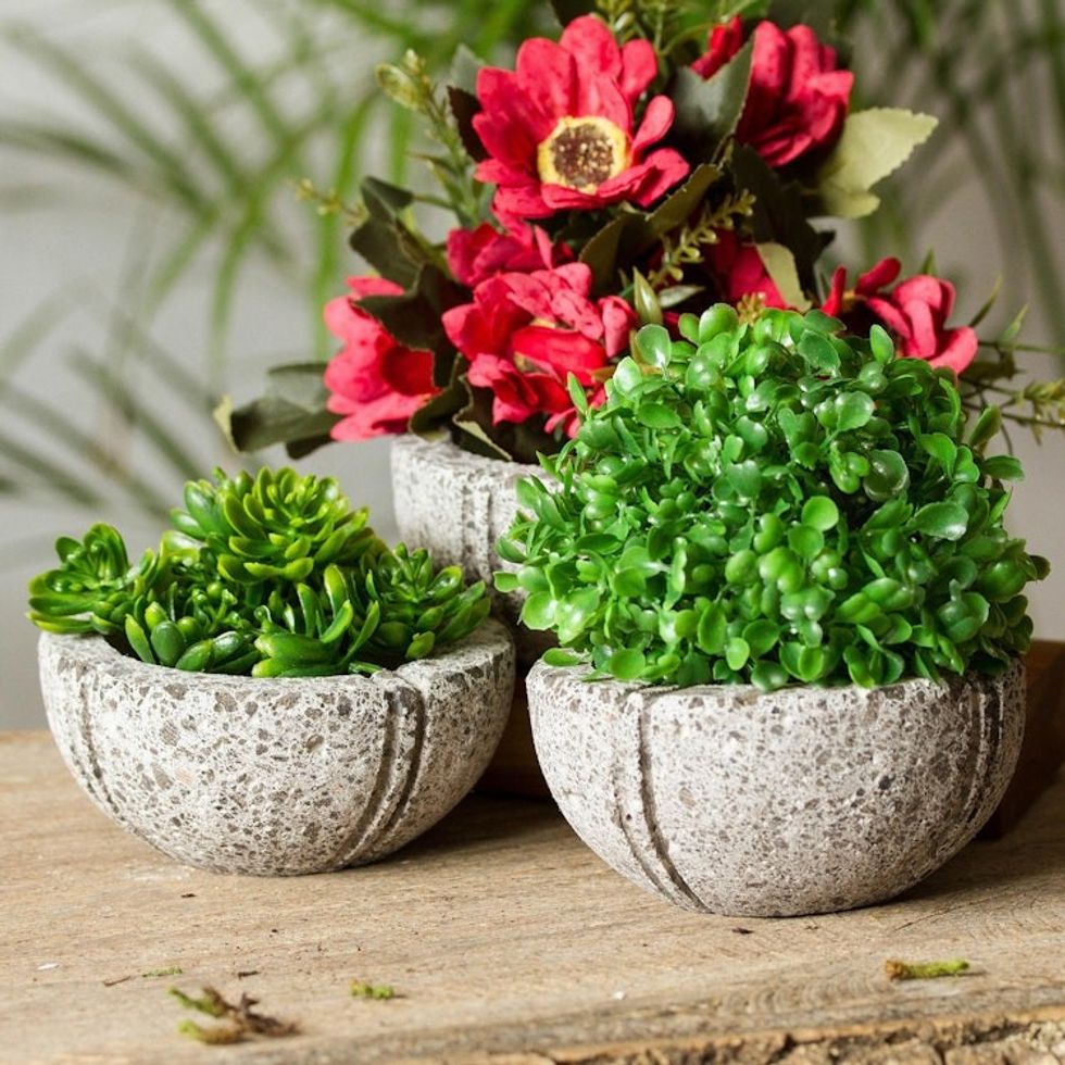 Round Reclaimed Stone Flower Pots from Mexico Set of 3 'Petite Fleurs'