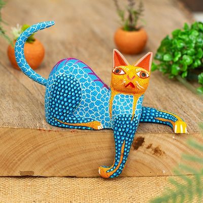 Alternate image for Copal Wood Cat Alebrije in Blue for Shelves from Oaxaca My Domain in Blue