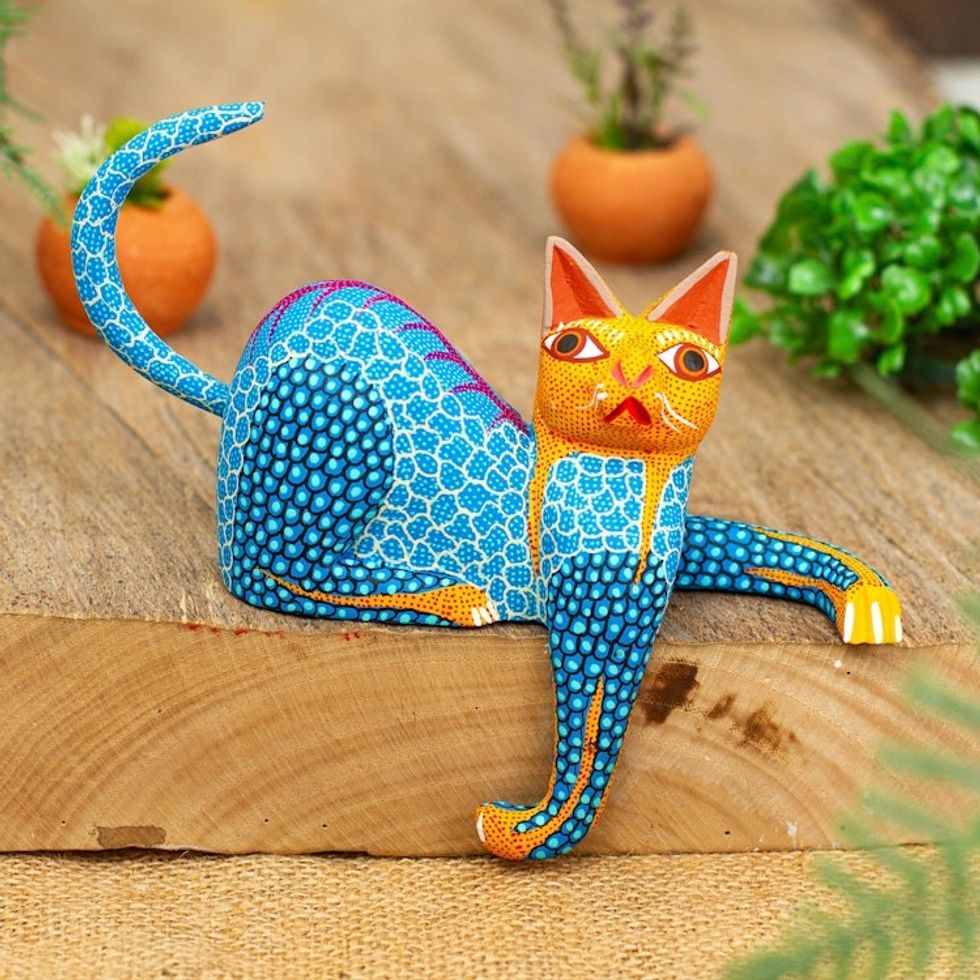 Copal Wood Cat Alebrije in Blue for Shelves from Oaxaca 'My Domain in Blue'