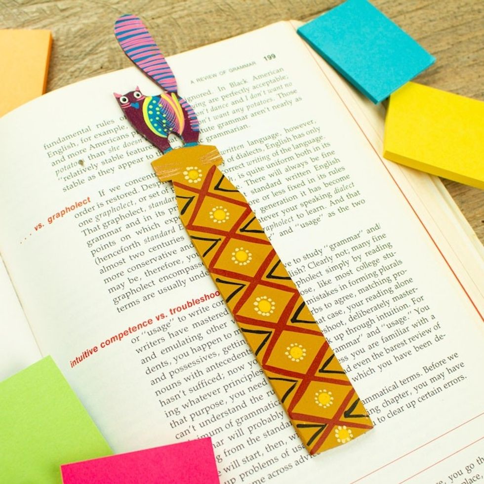 Feline-Themed Copal Wood Bookmark Artisan Carved in Mexico 'Reading Feline'