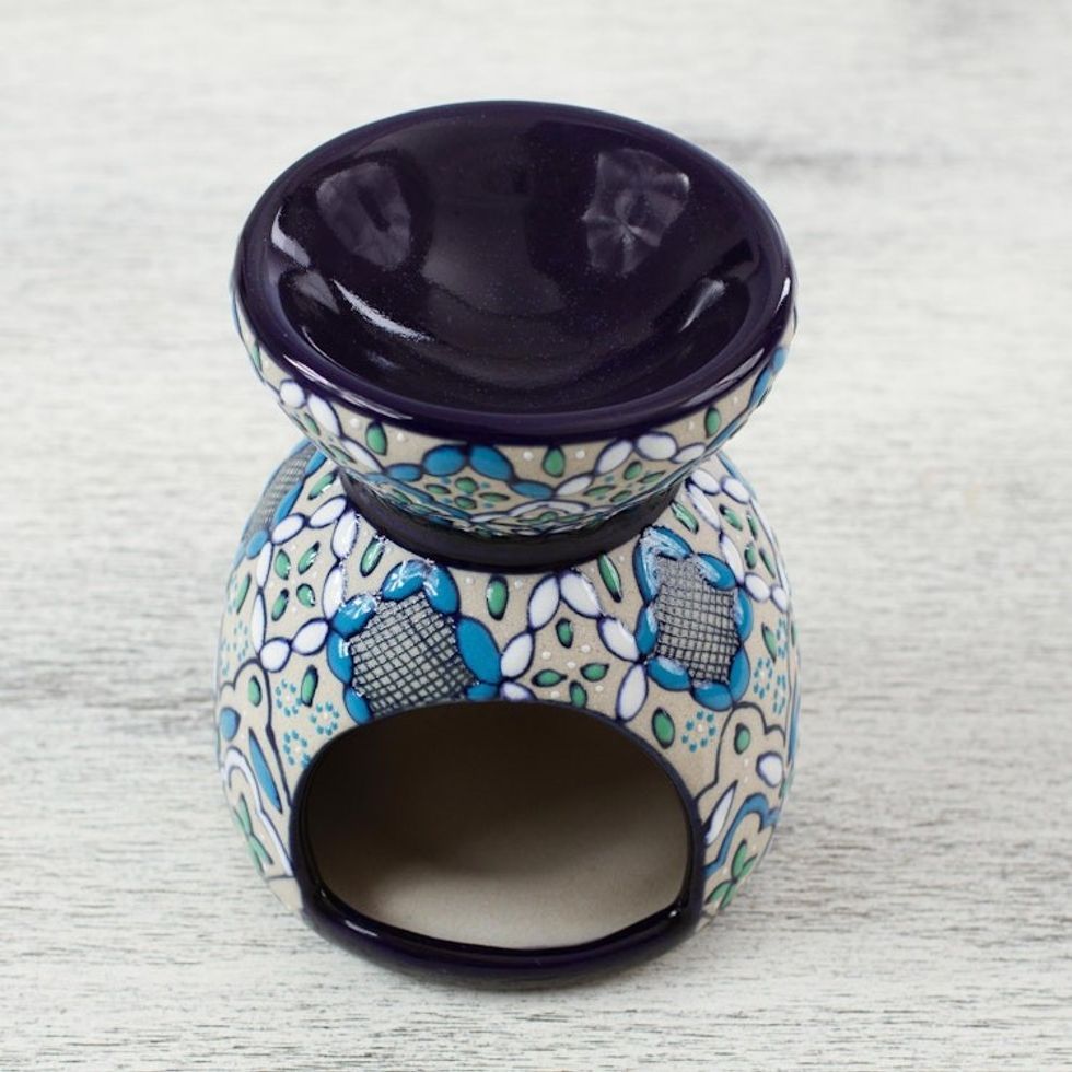 Handcrafted Floral Geometric Ceramic Oil Warmer 'Guanajuato Blue'
