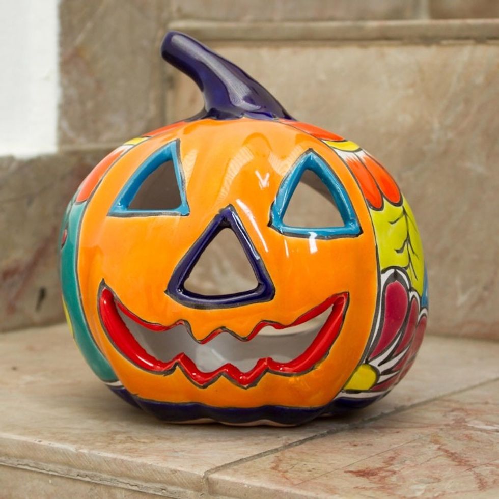 Ceramic Jack-O-Lantern Candle Holder from Mexico 'Floral Halloween'