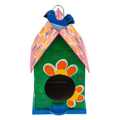 Alternate image for Hand-Painted Floral Tin Birdhouse and Feeder with Blue Bird Merry Feathers