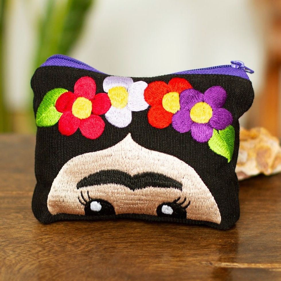 Hand Embroidered Cotton Cosmetic Bag from Mexico 'Frida with Flowers'