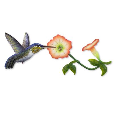 Alternate image for Hummingbird and Flowers Steel Wall Art Crafted by Hand Exotic Nectar in Orange
