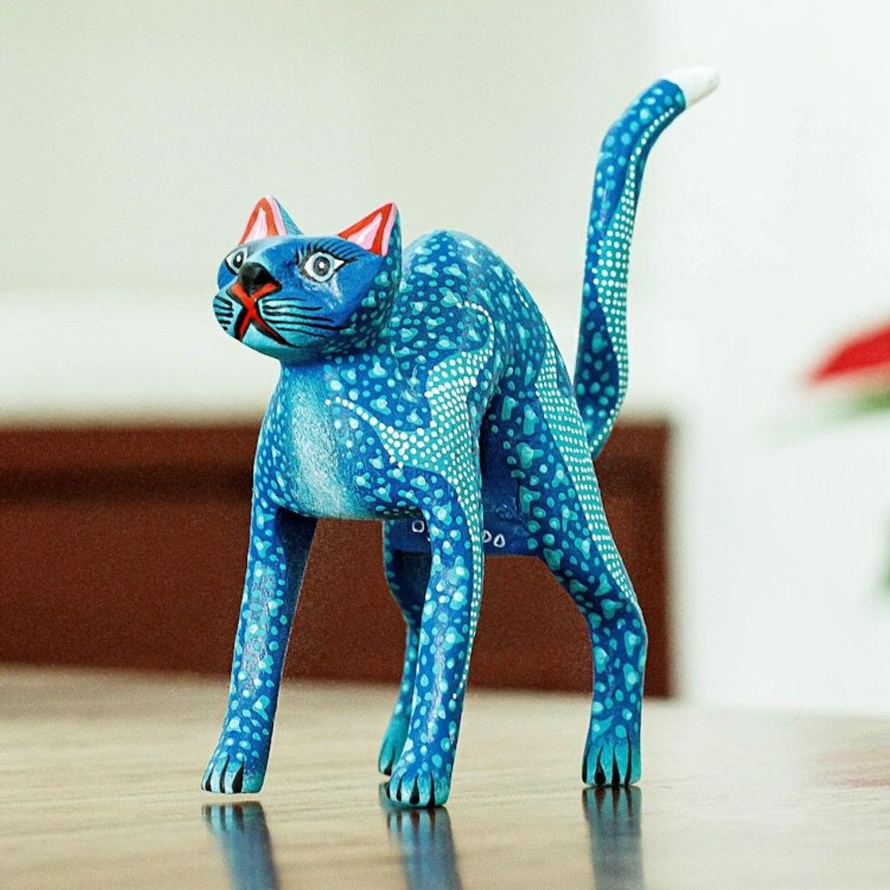 Blue and Teal Alebrije Cat with Star-Like Patterns on Body 'Celestial Cat'