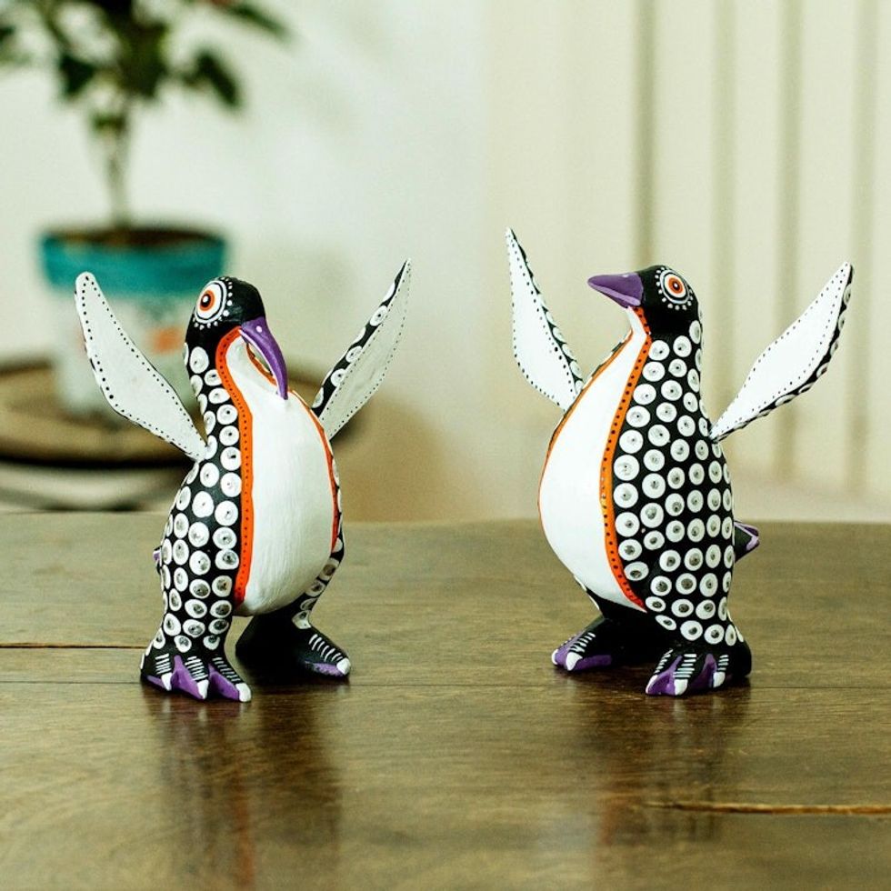 Black and White Penguin Alebrije Figures from Oaxaca Pair 'Happy Emperor Penguins'