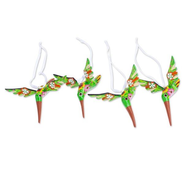 Alternate image for Set of 4 Handcrafted Copal Wood Bird Ornaments in Kiwi Kiwi Flutter